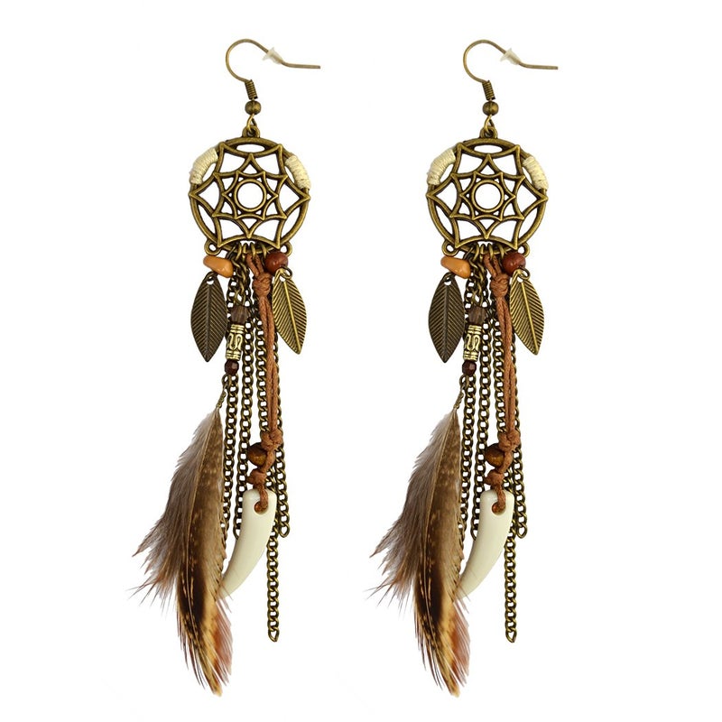 Idealway Punk Vintage Long Tassel Feather Beads Drop Wolf Tooth Pendant Earring Fish Hook Earrings (Brown A) - Image 1